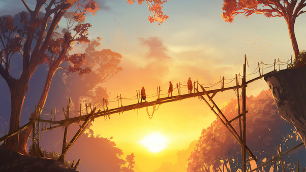 Sunset On The Wooden Bridge People Standing Wallpaper