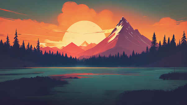 Sunset Over The Mountain Minimal Wallpaper