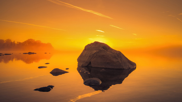 Sunset Rock Formation Pristine Water Reflection Wallpaper