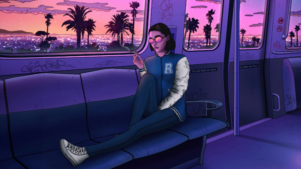 Synthwave Chic Cool Girl Drives The Train Back Wallpaper