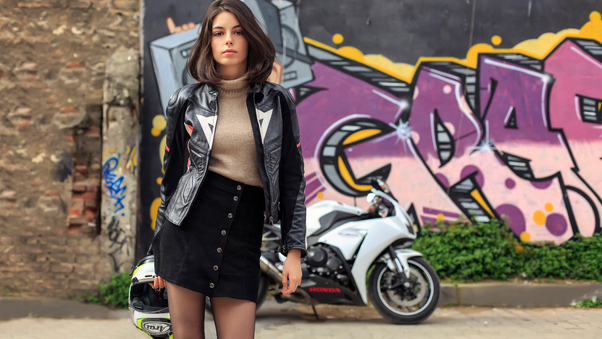 The Girl With Bike Jacket And Helmet Wallpaper