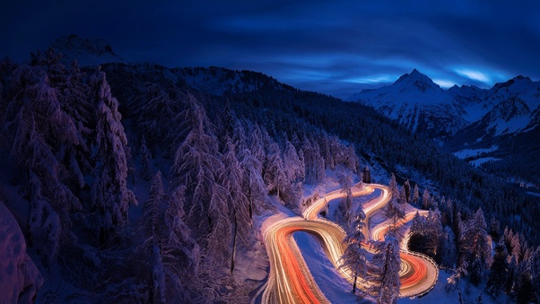 Time Lapse Photography Forest Landscape Mountain Night Road Snow Wallpaper