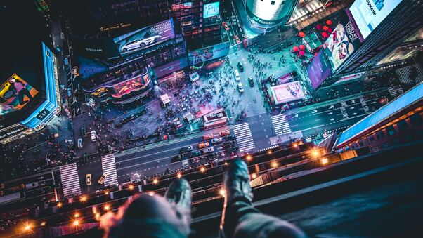 Time Square Aerial View Man Siting At Top 5k Wallpaper