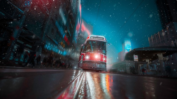 Toronto Tram Vehicle City Night Lights Wallpaper