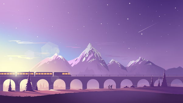 Train Mountains Illustration Minimalistic Wallpaper