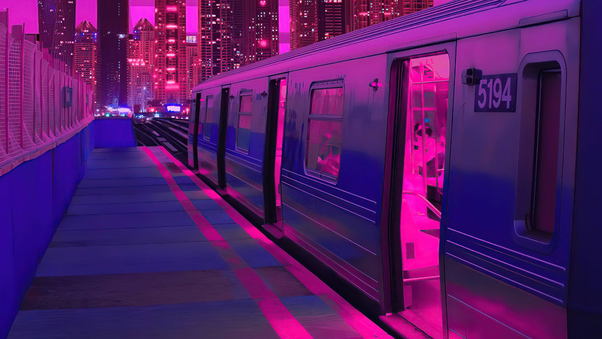 Train Neon Synthwave Buildings 5k Wallpaper