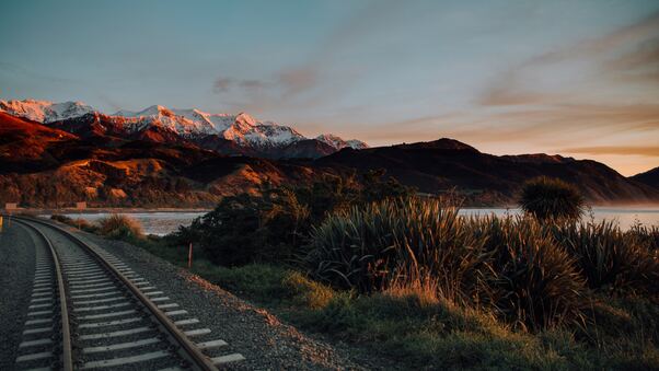 Train Track Ocean Beach Mountain Photography 5k Wallpaper