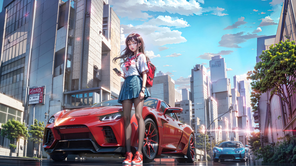 Urban Day Anime School Girl Sneakers With Cars 5k Wallpaper