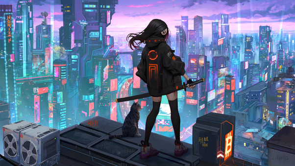 Urban Girl With Sword In Scifi World Wallpaper
