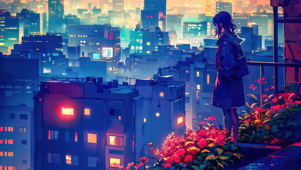 Urban Isolation Anime Girl And The City Lights Wallpaper