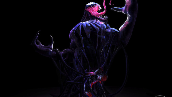 Venom Defeating Spiderman Art Wallpaper