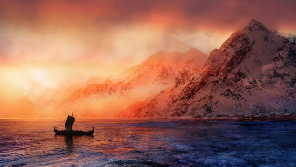 Vikings Have Arrived Longship At Sunset (2560x1440) Resolution Wallpaper