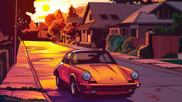 Vintage Porsche Vibing On Street While Sunset Wallpaper