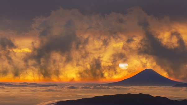 Volcano Mountains Sky Fantasy Orange Clouds Sunset 5k Wallpaper