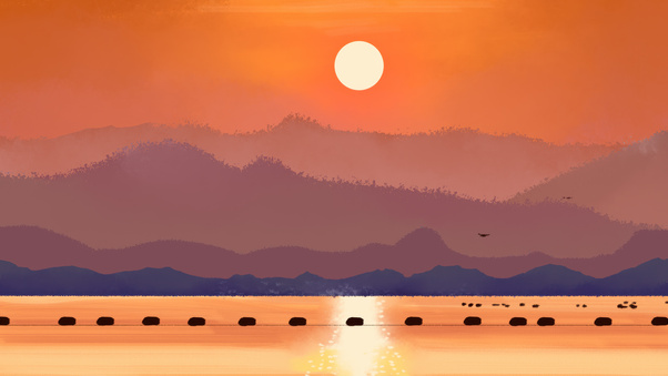 Warm Orange Sunset Over Misty Layered Mountains And Water (2560x1440) Resolution Wallpaper