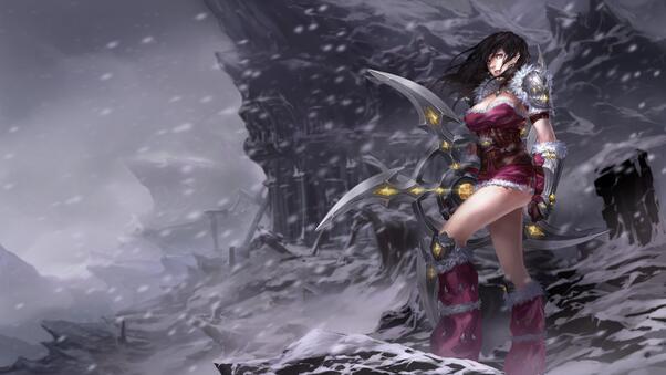 Warrior Girl In Snow Wind Storm Wallpaper