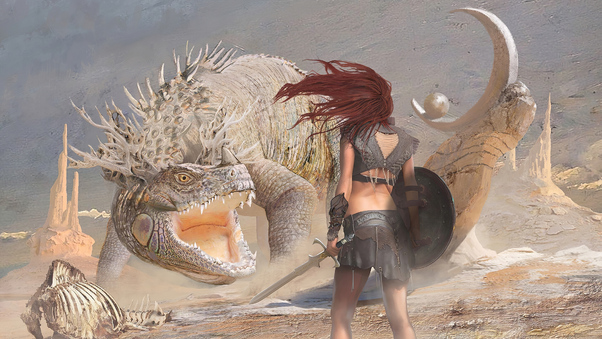 Warrior Girl Vs Dragon 4k Wallpaper