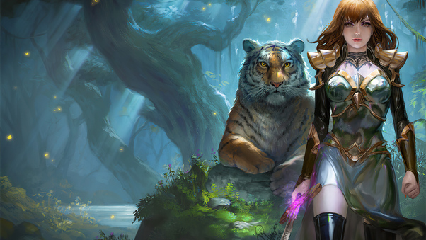 Warrior Girl With Tiger Wallpaper