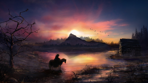 Warrior Horse Birds Flying Sunrise Landscape View Wallpaper
