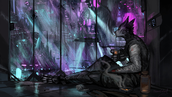 Warrior Scifi Neon Rain City Cyberpunk 4k Wallpaper