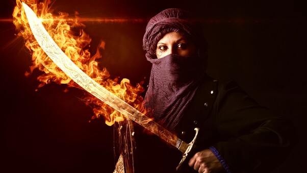 Warrior Women With Burning Sword 8k Wallpaper