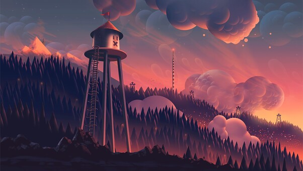Watchtower Clouds Forest Mountain Landscape Digital Art Wallpaper