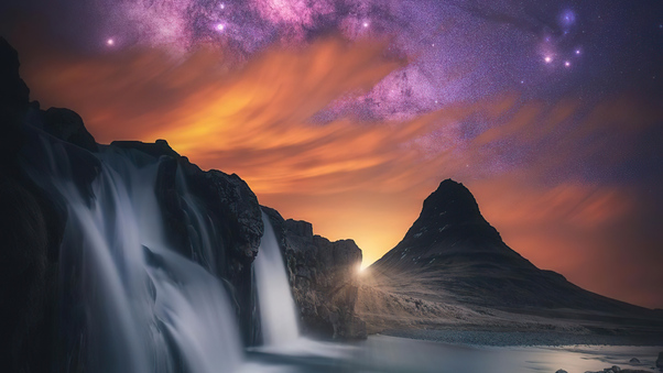 Waterfall Glowing Sky Stars Mountains 5k Wallpaper