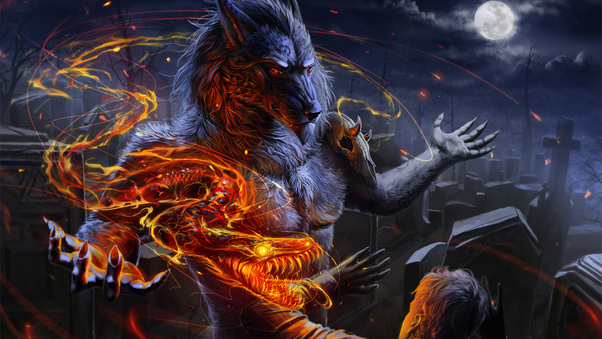 Werewolf Vs Man Flame Night Skull Wallpaper