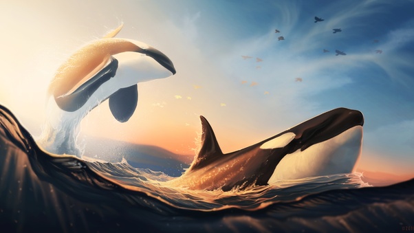 Whales Jumping Out Of The Water Digital Art 4k Wallpaper