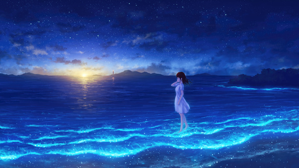 Whispers Of The Night Sea Anime Maiden In Moonlight Wallpaper
