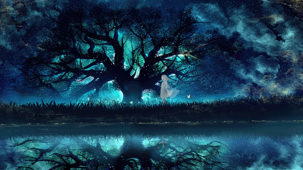 Whispers Of Wishes Enchanting Anime Girl Under The Tree Wallpaper