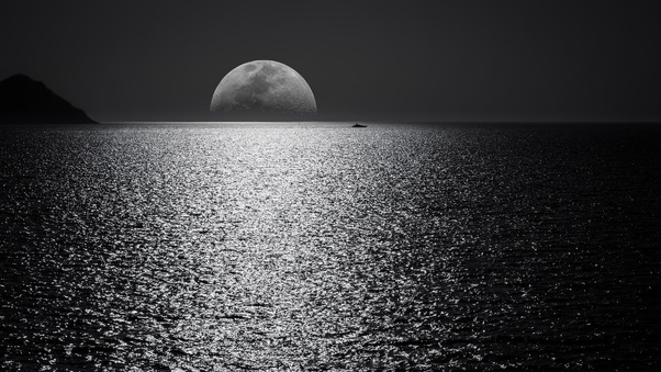 White Black Moon Evening Night Time Seascape 5k Wallpaper