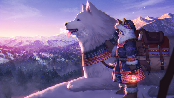 White Dog With Cute Baby Girl Snow Mountains Artwork Wallpaper