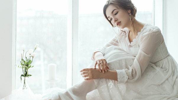 White Dress Girl Sitting Alongside Window Wallpaper