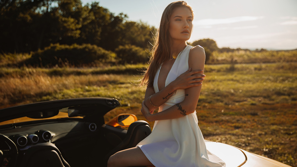 White Dress Girl Sitting On Convertible Car In Nature Wallpaper