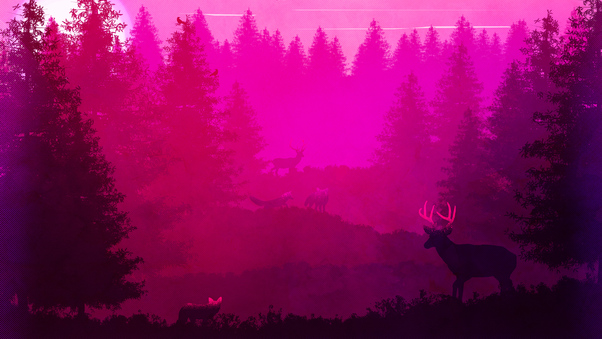 Wild Animals Forest Pink Minimalism 5k Wallpaper