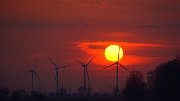 Wind Turbines Evening Sunlight Energy Sunset Wallpaper