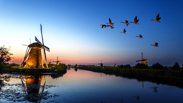 Windmill Birds Flying Evening Lake 4k Wallpaper