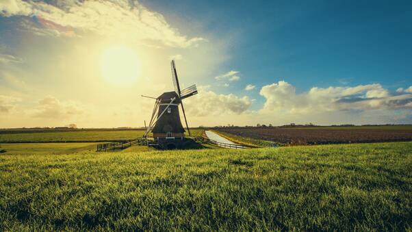 Windmill In Farmland Sunset View 5k Wallpaper