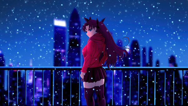 Winter Anime Girl Snowy Night City Scene (1920x1200) Resolution Wallpaper