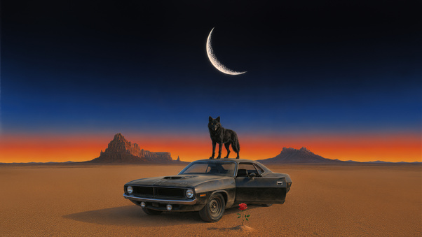 Wolf Standing On Car (1336x768) Resolution Wallpaper