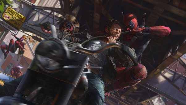 Wolverine Vs Deadpool On Bike Fight Wallpaper