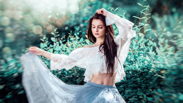 Woman In Flowing Dress With Green Bokeh (3440x1440) Resolution Wallpaper