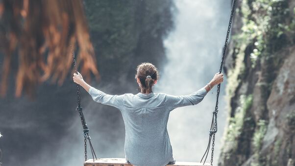 Woman Swings Near Waterfall 5k Wallpaper