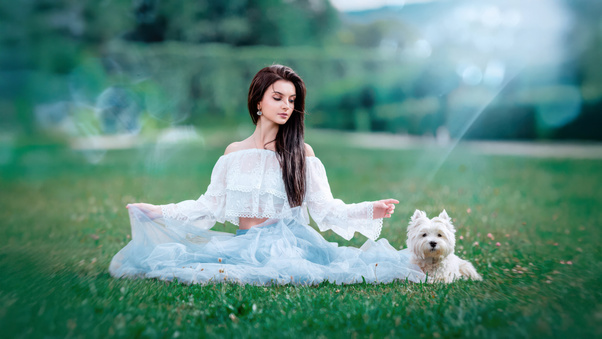 Woman With White Dog On Grass (3440x1440) Resolution Wallpaper