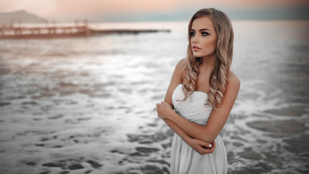 Women Beach Side White Dress Blonde Hairs 4k Wallpaper