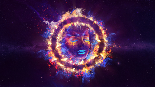 Women Closed Eyes Fire Neon Galaxy Art 5k Wallpaper