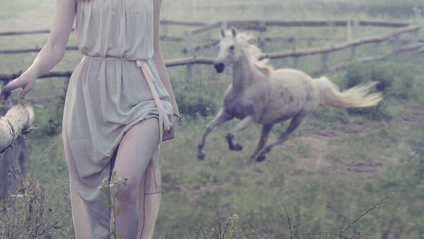 Women Outdoor With White Horse Wallpaper
