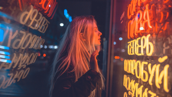 Women Reflection Blonde Long Hair Neon 4k Wallpaper