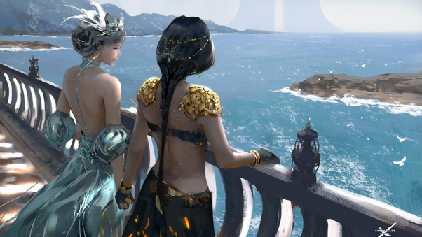 Women Standing At Balcony Looking Sea Digital Art Fantasy Girls Wallpaper